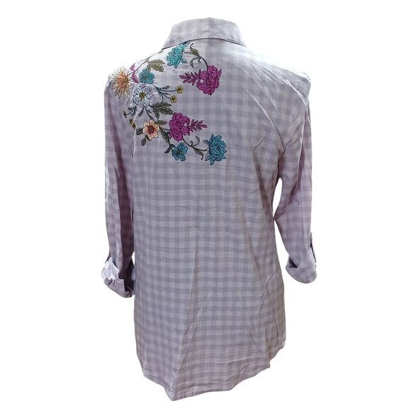 Chicos Embroidered Floral Checkered Button-Up Shirt Size 4/6 Lavender Cotton - Picture 8 of 9